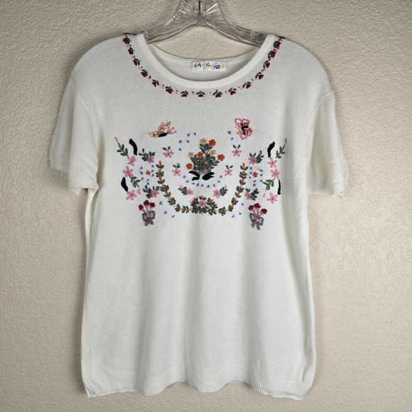 Lang Chen Tops - Lang-Chen Vintage Floral Embroidered Short Sleeve Knit‎ Sweater - "Size Free"